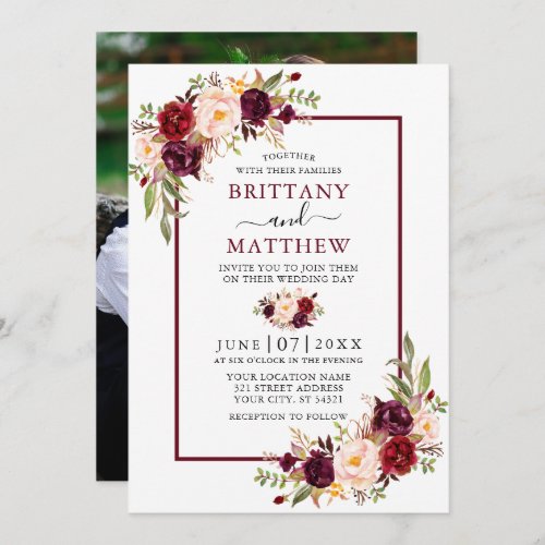 Watercolor Floral Photo Wedding Burgundy Frame Invitation