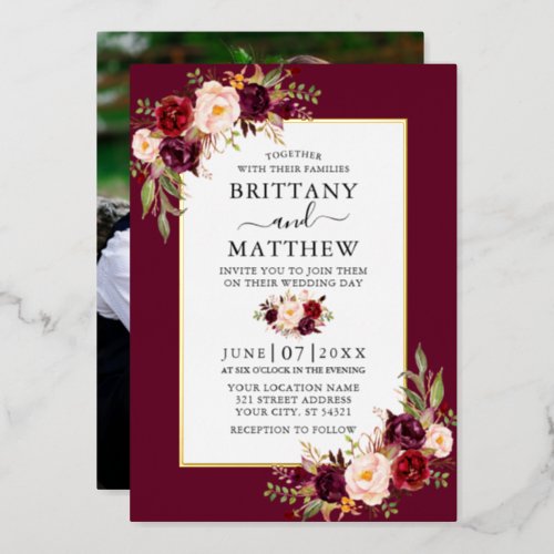 Watercolor Floral Photo Wedding Burgundy Gold Foil Invitation