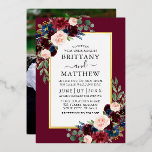 Watercolor Floral Photo Wedding Burgundy Gold Foil Invitation