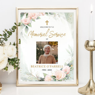 Watercolor Floral Photo Welcome Memorial Service Poster