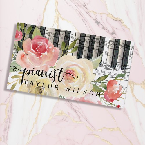 watercolor floral pianist script business card