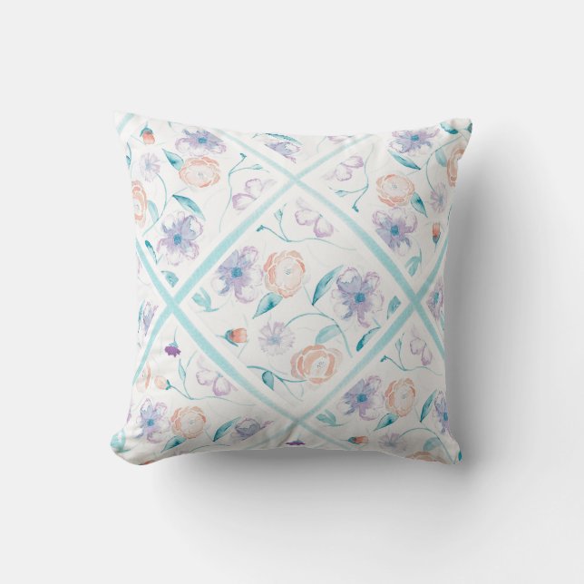 Watercolor Floral Pillow - Lavender, Blue, Peach (Front)