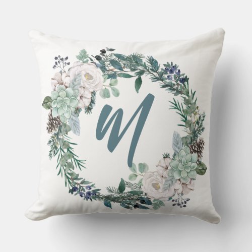 Watercolor floral pine trees Monogram holiday gift Throw Pillow