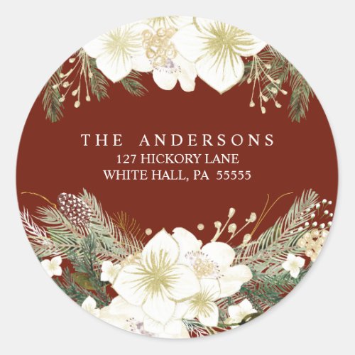 Watercolor Floral Pines Christmas Holiday Address Classic Round Sticker