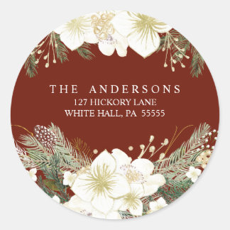 Watercolor Floral Pines Christmas Holiday Address Classic Round Sticker