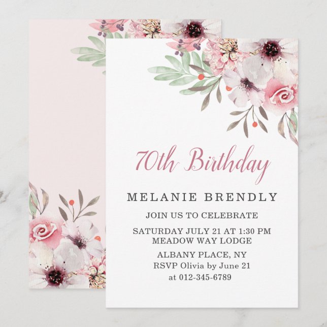 Watercolor Floral Pink 70th Birthday Party Invite  (Front/Back)