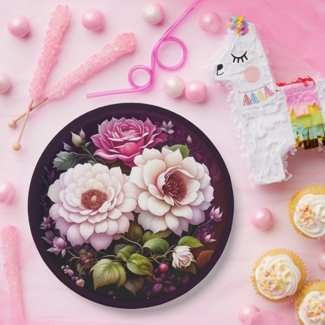 Watercolor Floral Pink and Purple Flowers Paper Plates (Party)
