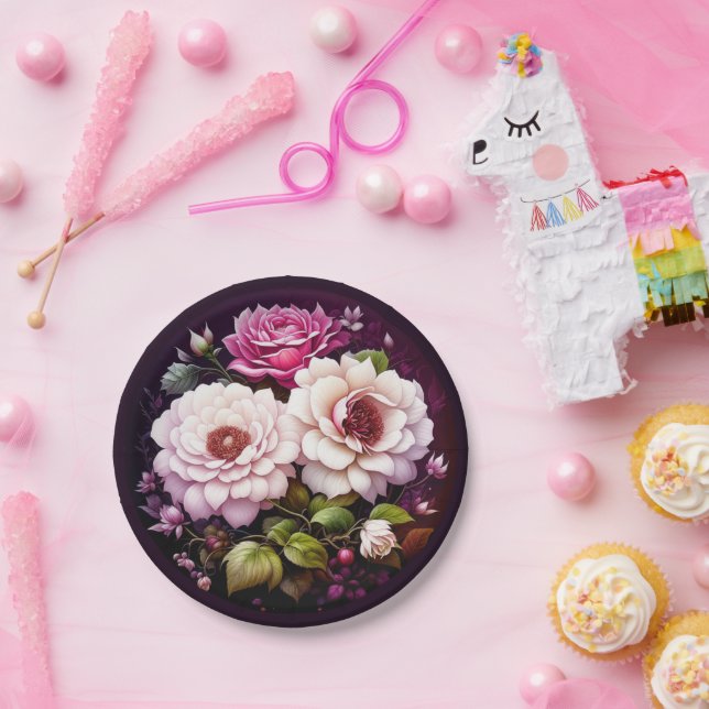 Watercolor Floral Pink and Purple Flowers Paper Plates (Party)