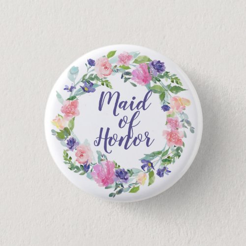 Watercolor Floral Pink and Purple Maid of Honor Pinback Button