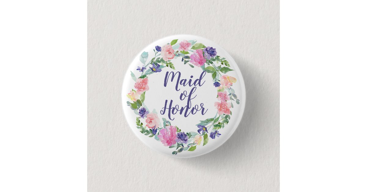 Watercolor Floral Pink and Purple Maid of Honor Pinback Button | Zazzle