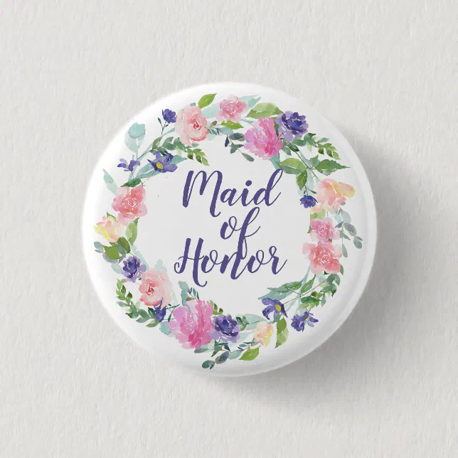 Watercolor Floral Pink and Purple Maid of Honor Pinback Button | Zazzle