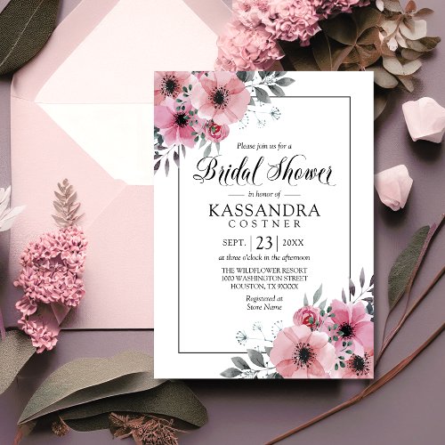 Watercolor Floral Pink Anemone Bridal Shower Invitation