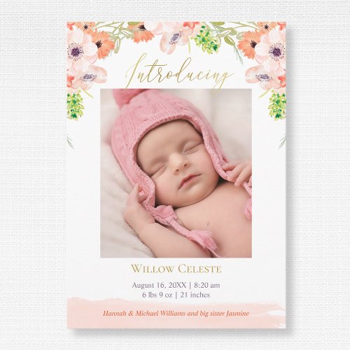 Watercolor Floral Pink Baby Girl Photo Birth Announcement
