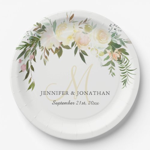 Watercolor Floral Pink Beige Ivory Wreath Wedding Paper Plates