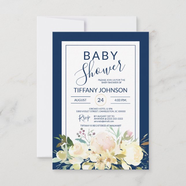Watercolor Floral Pink Beige Navy Blue Baby Shower Invitation (Front)