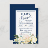 Watercolor Floral Pink Beige Navy Blue Baby Shower Invitation (Front/Back)