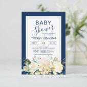 Watercolor Floral Pink Beige Navy Blue Baby Shower Invitation (Standing Front)