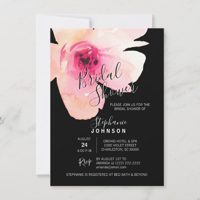 Watercolor Floral Pink Black Bridal Shower Invitation (Front)