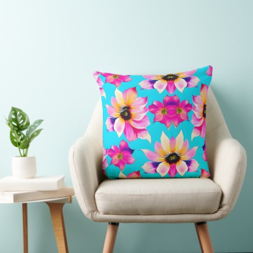 watercolor floral pink  blue Pattern Throw Pillow