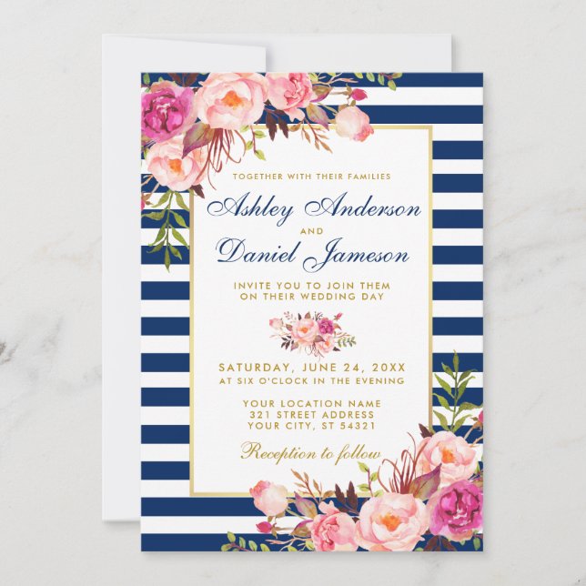 Watercolor Floral Pink Blue Striped Gold Wedding Invitation (Front)