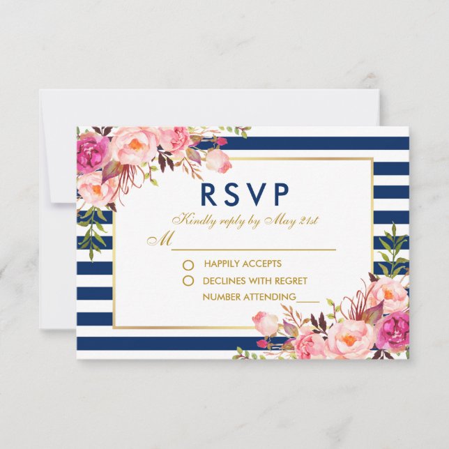 Watercolor Floral Pink Blue Stripes Wedding RSVP Card (Front)