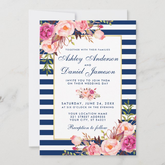 Watercolor Floral Pink Blue Stripes Wedding WB Invitation (Front)