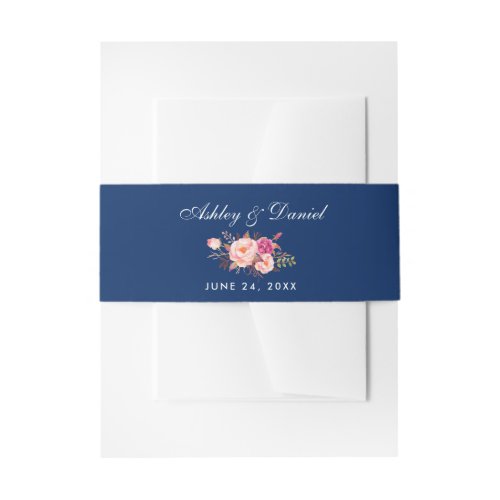 Watercolor Floral Pink Blue Wedding Invitation Belly Band