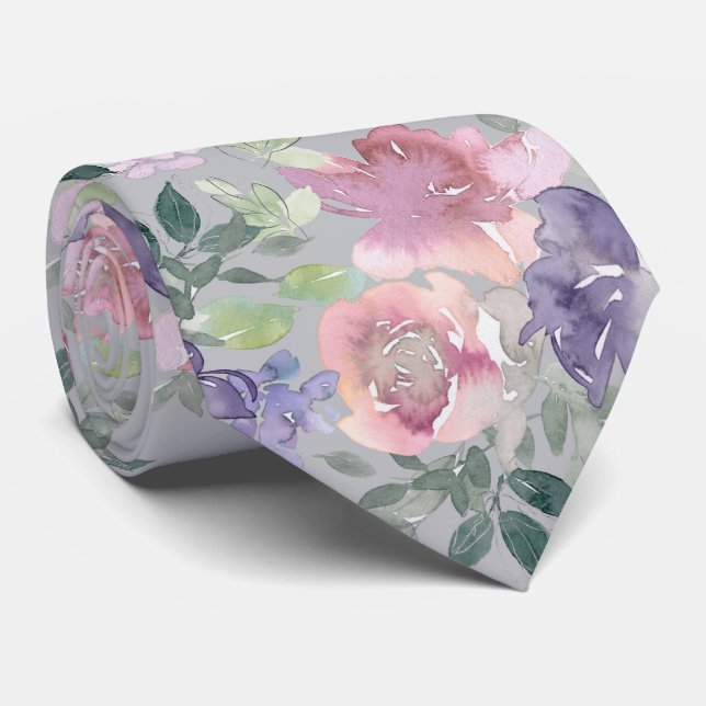 Watercolor Floral Pink Blush and Purple  Neck Tie (Rolled)
