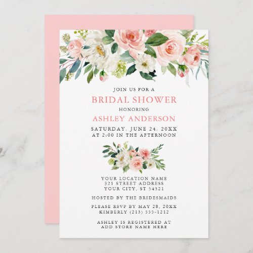 Watercolor Floral Pink Blush Elegant Bridal Shower Invitation