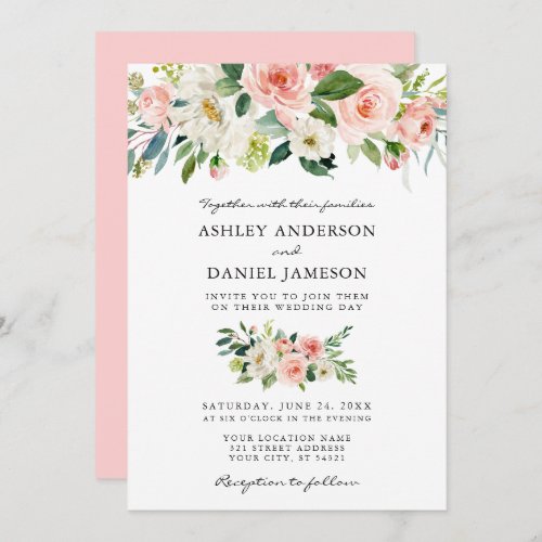 Watercolor Floral Pink Blush Elegant Wedding Invitation