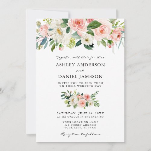 Watercolor Floral Pink Blush Elegant Wedding W Invitation