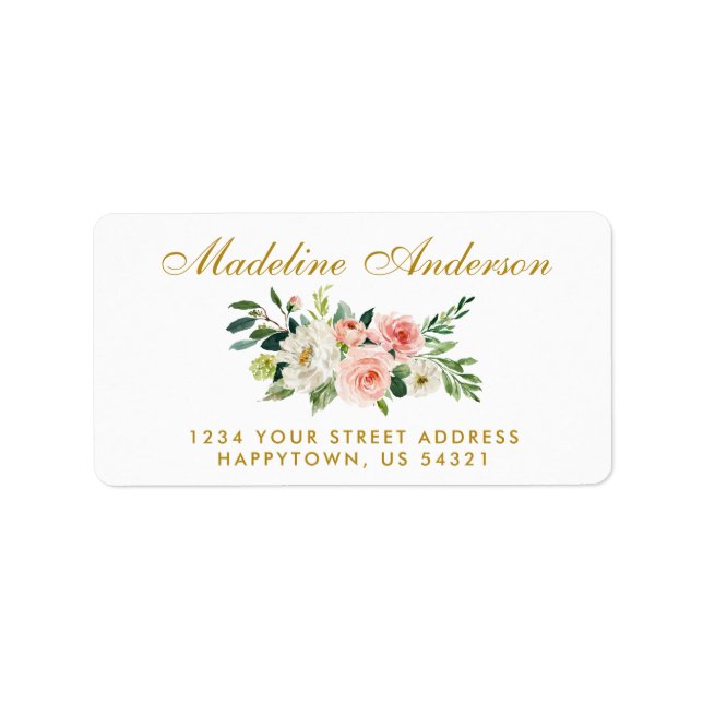 Watercolor Floral Pink Blush Gold Address Label (Front)
