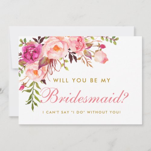 Watercolor Floral Pink Blush Gold Be My Bridesmaid Invitation