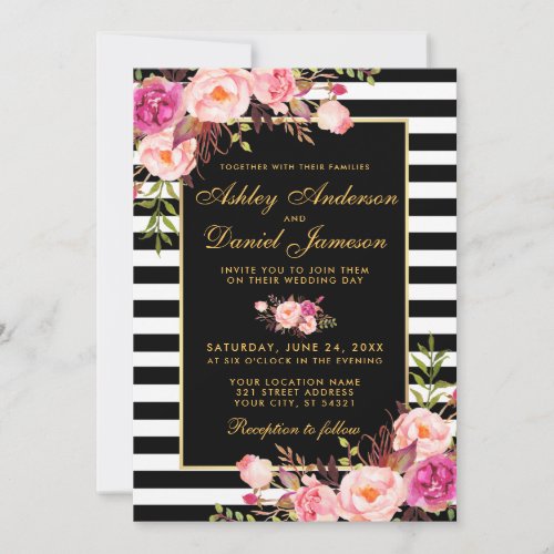 Watercolor Floral Pink Blush Gold Black Wedding Invitation