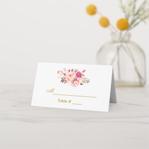 Watercolor Floral Pink Blush Gold Bridal Shower Place Card