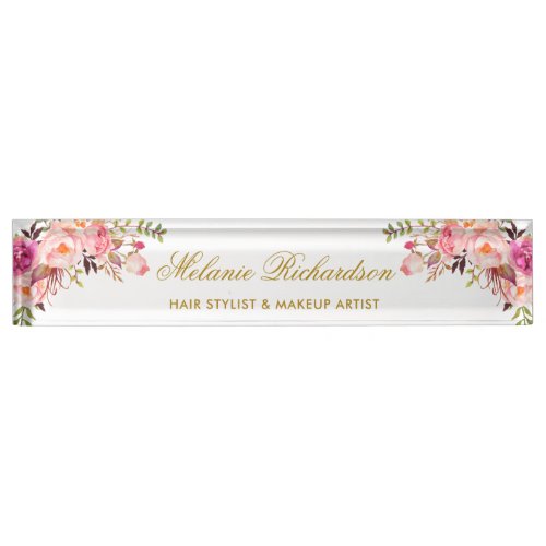 Watercolor Floral Pink Blush Gold Desk Name Plate