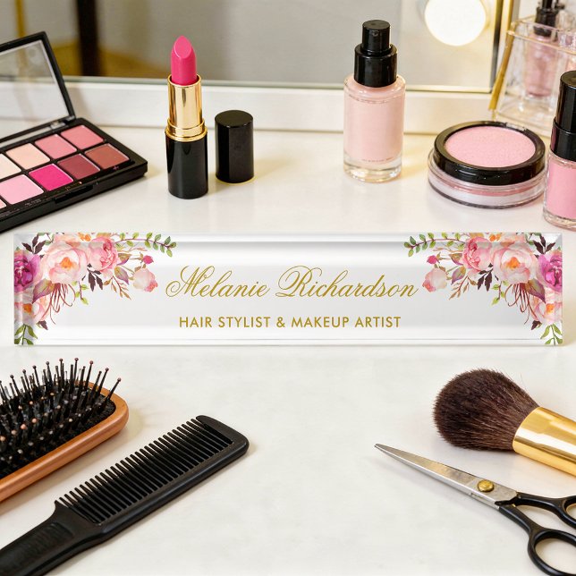 Watercolor Floral Pink Blush Gold Desk Name Plate (Customize to change text size, style or text color.)