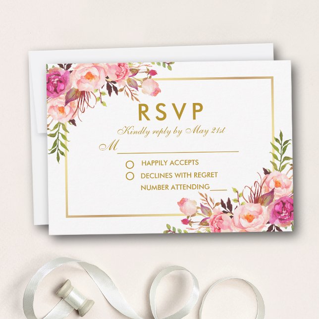 Watercolor Floral Pink Blush Gold RSVP Wedding (Customize to change size, style or text color.)