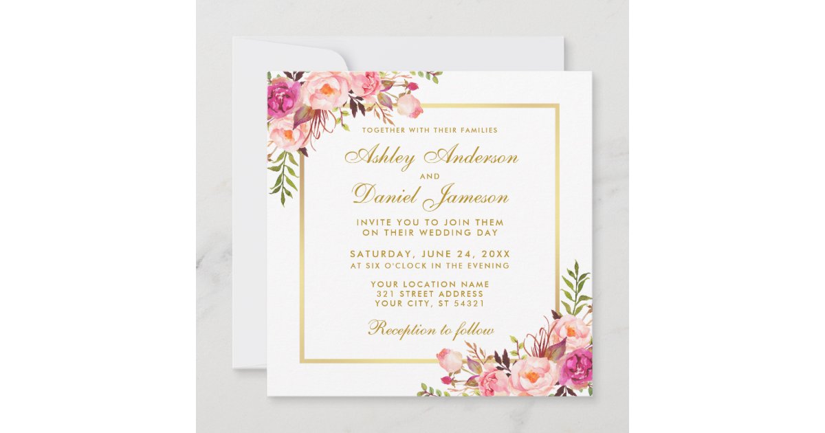 Watercolor Floral Pink Blush Gold Wedding Card S | Zazzle