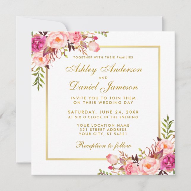 Watercolor Floral Pink Blush Gold Wedding Card S (Front)