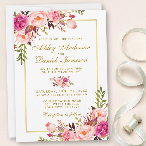 Watercolor Floral Pink Blush Gold Wedding Invitation