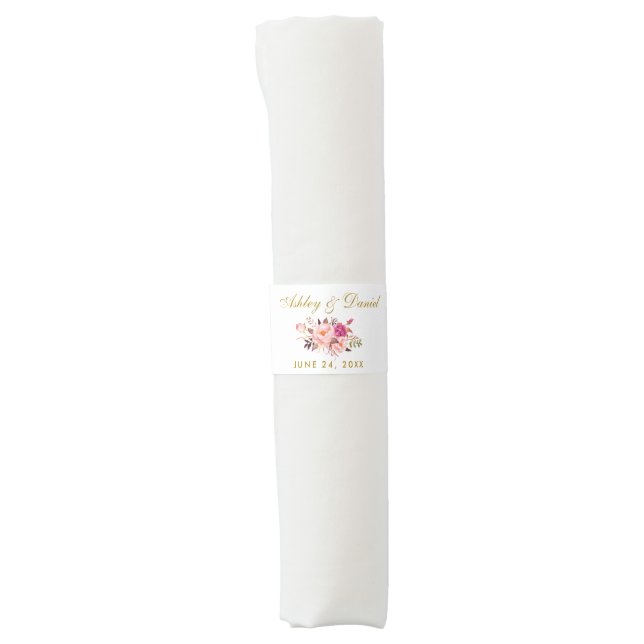 Watercolor Floral Pink Blush Gold Wedding Napkin Bands (Front)