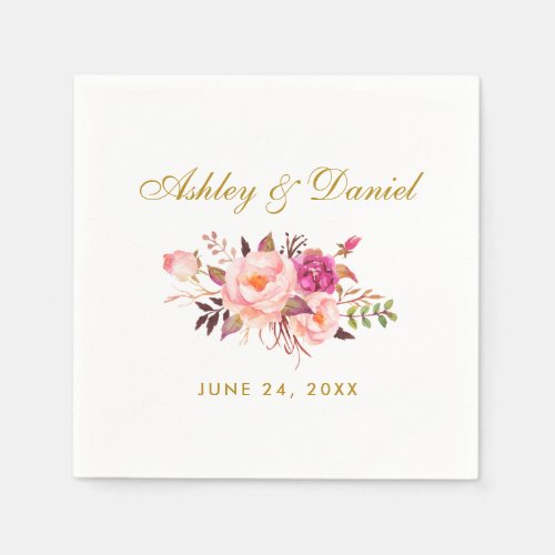 Watercolor Floral Pink Blush Gold Wedding Paper Napkins