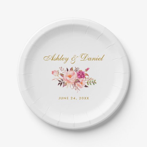 Watercolor Floral Pink Blush Gold Wedding Paper Plates