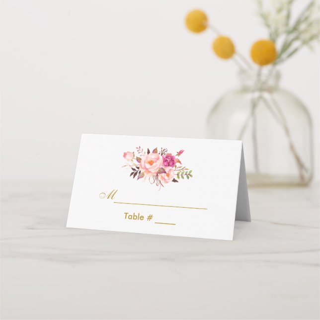 Watercolor Floral Pink Blush Gold Wedding Place Card (Front)