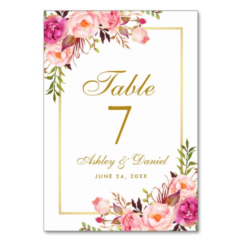 Watercolor Floral Pink Blush Gold Wedding Table Number