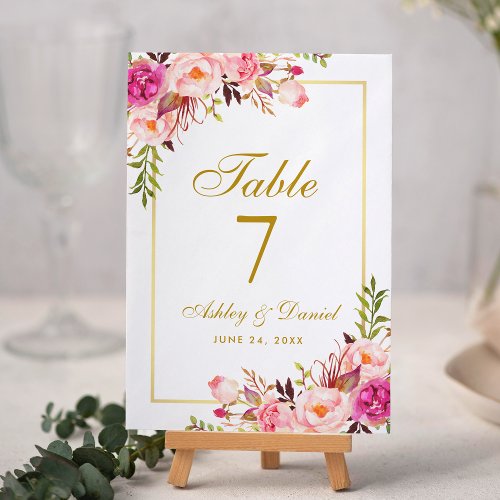 Watercolor Floral Pink Blush Gold Wedding Table Number