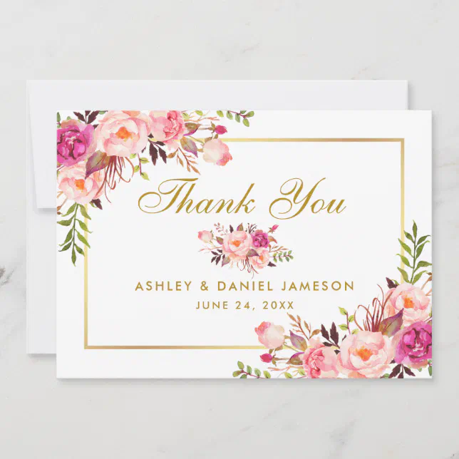 Watercolor Floral Pink Blush Gold Wedding Thanks Thank You Card | Zazzle