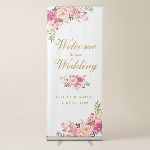 Watercolor Floral Pink Blush Gold Wedding Welcome Retractable Banner