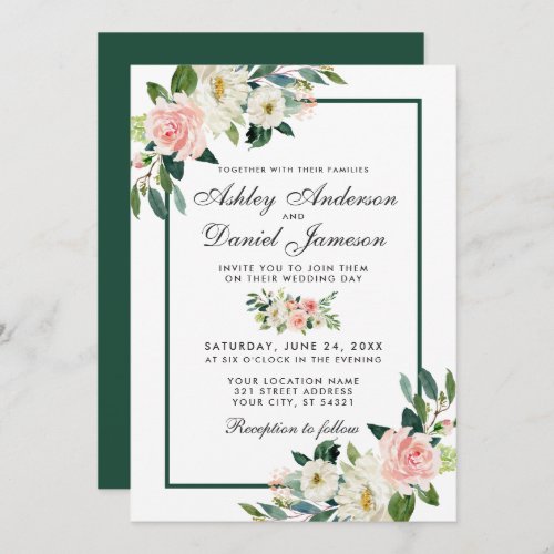 Watercolor Floral Pink Blush Green White Wedding G Invitation